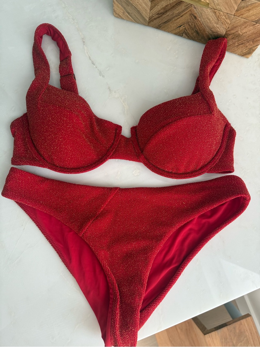 Underwire Textured Red Bikini Set - Women Swim